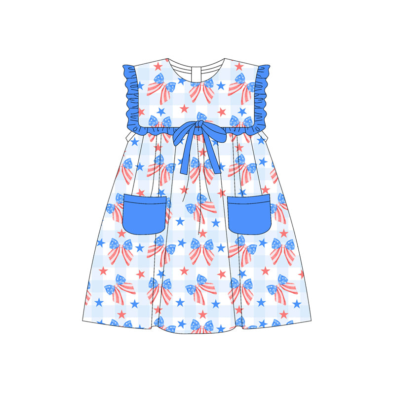 Preorder (moq 5)Baby Girls Blue Plaid Sleeveless Stars Bows Pockets 4th Of July Knee Length Dresses