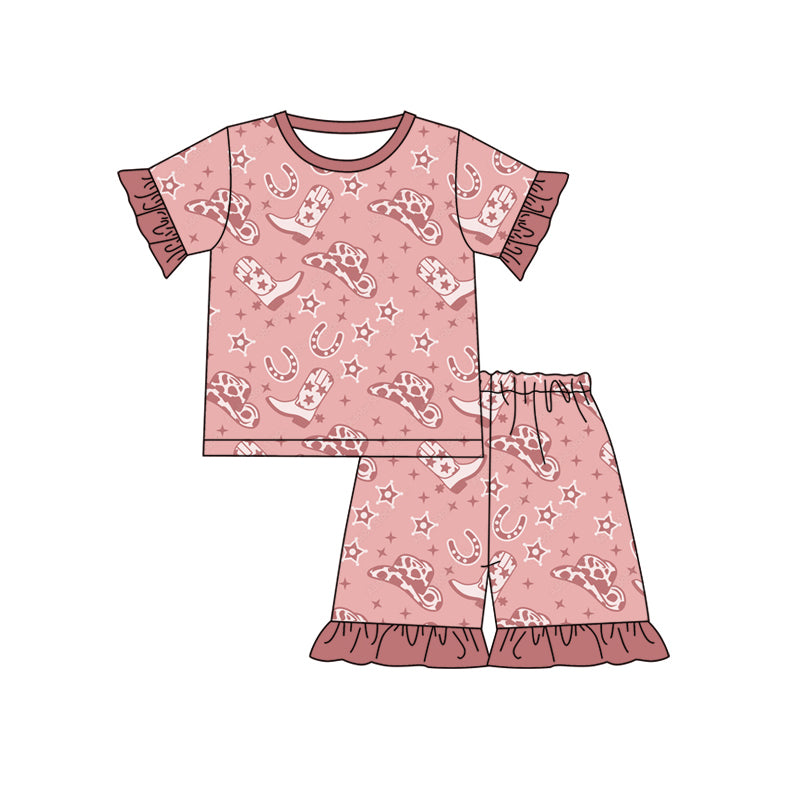 Preorder (moq 5)Baby Girls Pink Short Ruffle Sleeves Boots Hats Top Shorts Pajamas Sets