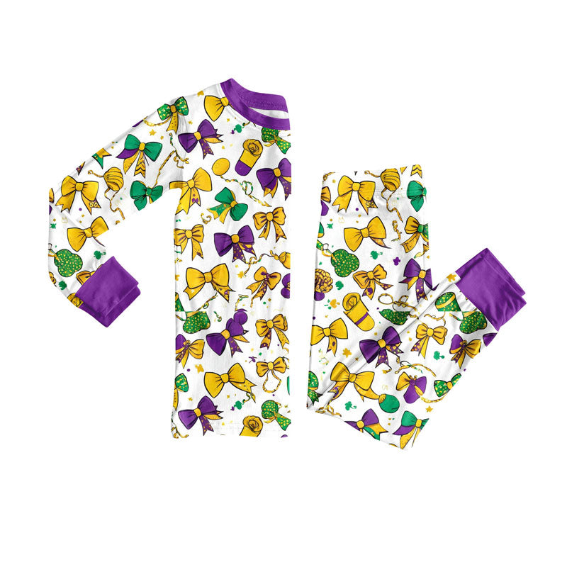 Preorder(moq 8)Baby Girls Mardigras Bows Flowers Top Pants Pajamas Sets