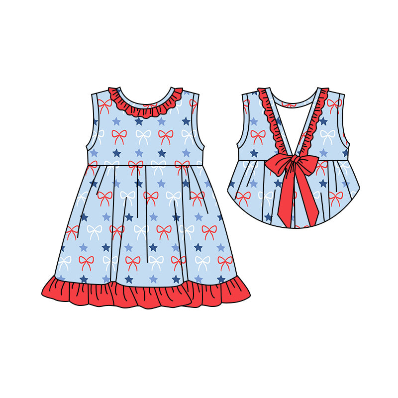 Preorder moq 5 Baby Girls Sleeveless Blue Red Bows Stars 4th Of July Knee Length Dress