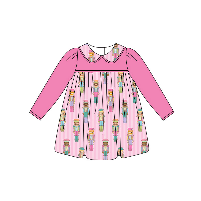 Preorder (moq 5)Baby Girls Hot Pink Long Sleeves Soldier Stripe Knee Length Dresses