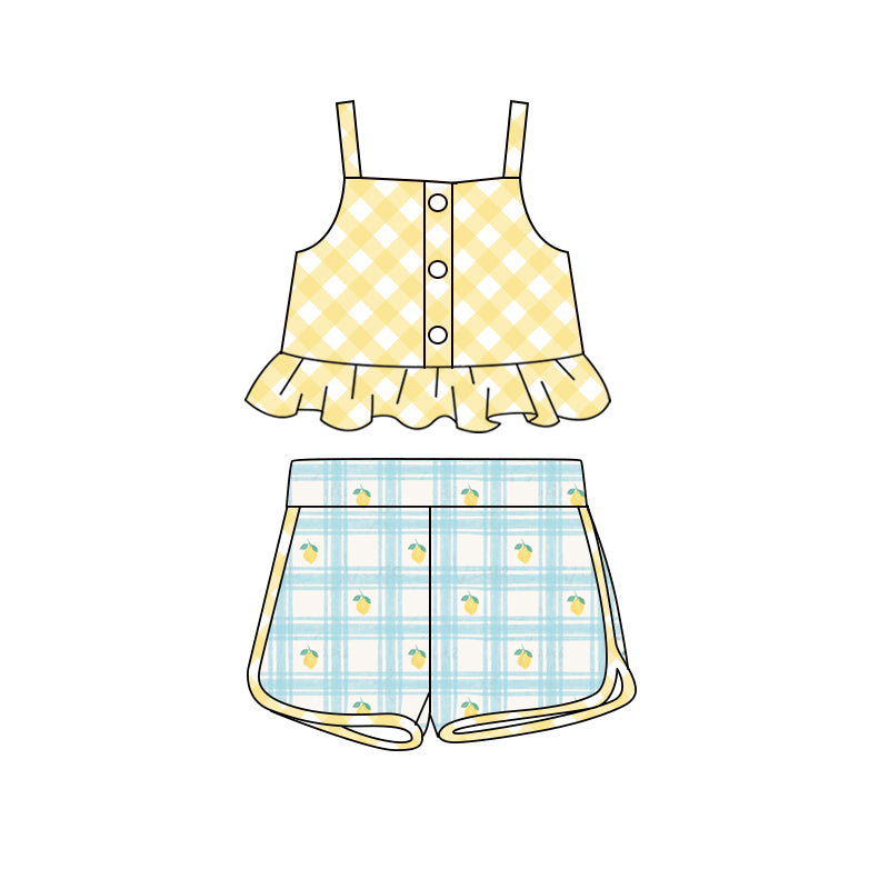 Preorder (moq 5)Baby Girls Checkered Straps Top Lemon Shorts Clothes Sets