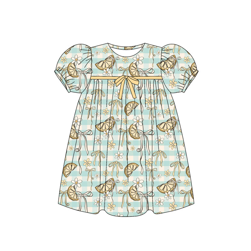 Preorder (moq 5)Baby Girls Short Ruffle Sleeves Stripe Lemons Flowers Knee Length Dresses