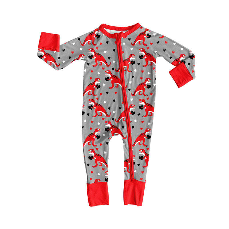 Preorder (moq 20)Baby Boys Bamboo Hearts Dinosaurs Valentines Zipper Footie Rompers
