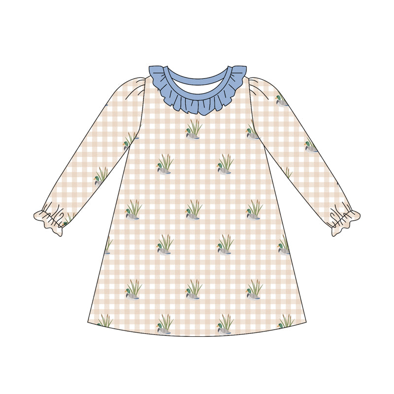 Preorder (moq 5)Baby Girls Long Ruffle Sleeve Ducks Checked Hunting Knee Length Dress