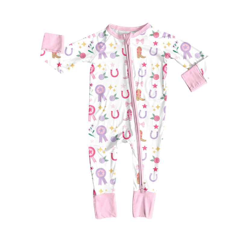 Preorder(moq 5)Baby Girls Western Rodeo Stars Bows Zipper Footie Rompers
