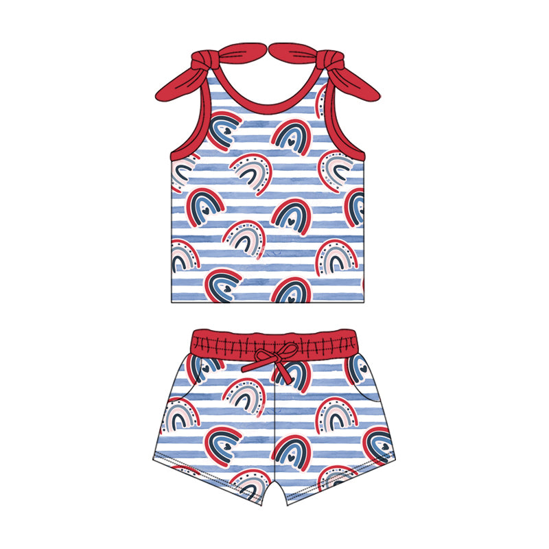Preorder (moq 5)Baby Girls 4th Of July Rainbow Summer Shirt Top Shorts Clothes Sets