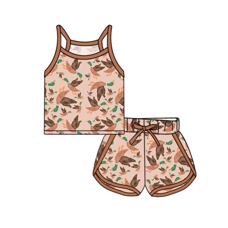 Preorder (moq 5)Baby Girls Khaki Strap Ducks Top Short Sport Set Preorder