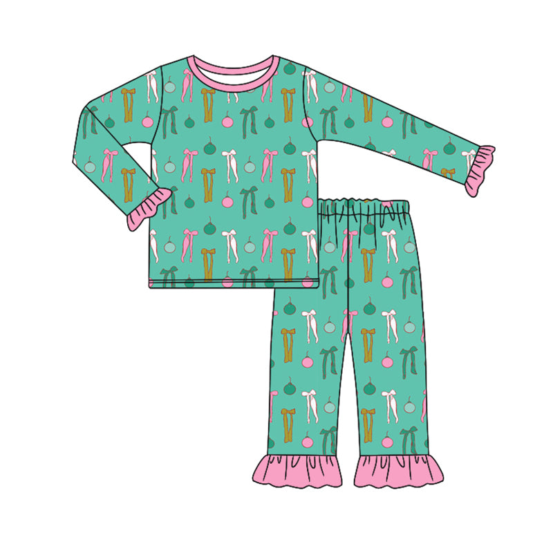 Preorder (moq 5)Baby Girls Green Long Ruffle Sleeves Bows Lights Plaid Top Pant Pajamas Set