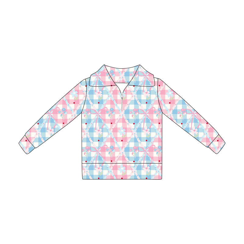 Preorder(moq 5) Baby Girls Bows Flowers Checked Zipper Pullovers Top