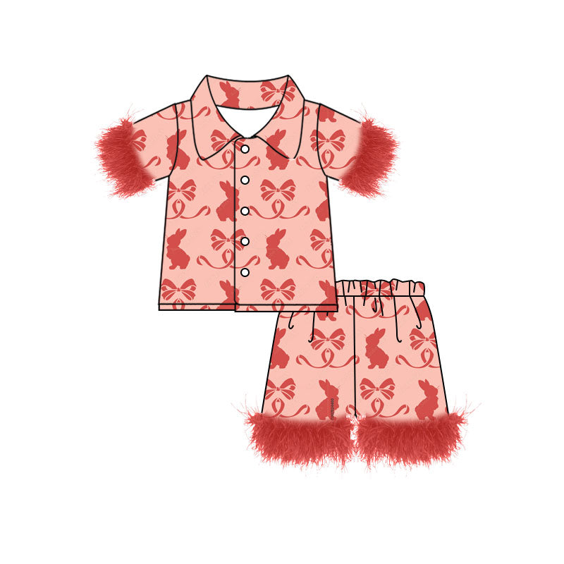 Preorder (moq 5)Baby Girls Red Rabbits Bows Button Top Shorts Easter Fur Pajamas Sets