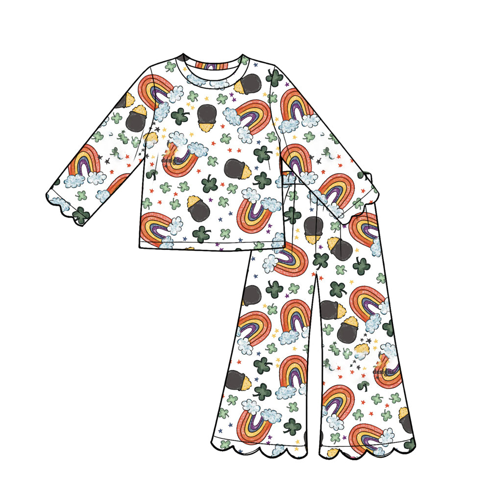 Preorder (moq 5) Baby Girl Vintage Rainbow Pot of Gold Clover Print Long‑Sleeve Top Scalloped Flare Pants Set