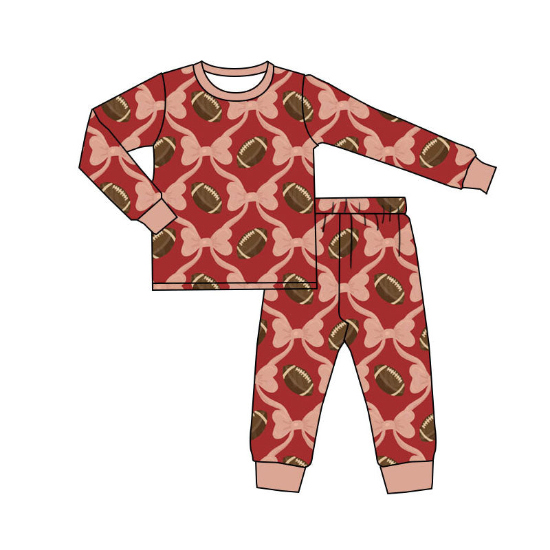 Preorder(moq 5) Baby Girls Bows Footballs Checked Top Pants Team Pajamas Sets