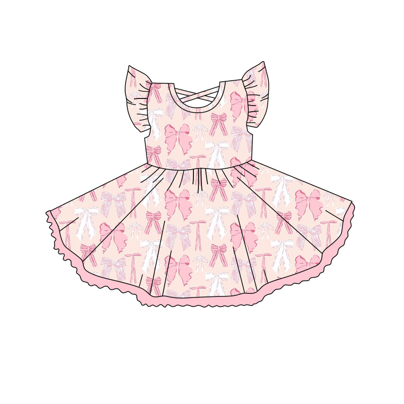 Baby Girls Pink Flutter Sleeves Bows Knee Length Dresses Preorder