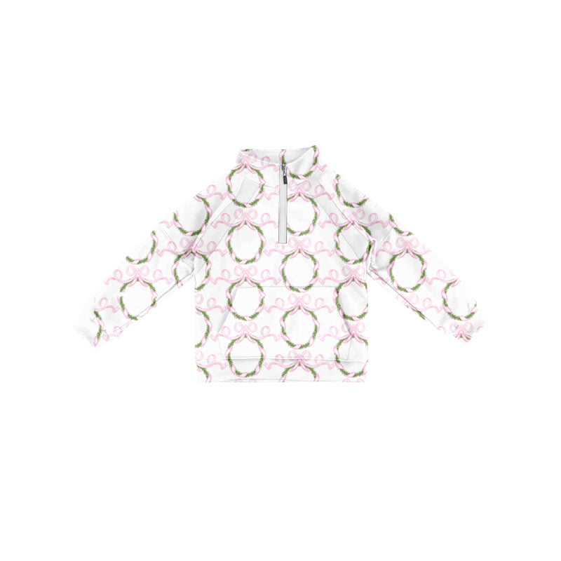 Preorder (moq 5)Baby Girls Long Sleeves Pink Bows Garland Pocket Zipper Pullovers Top