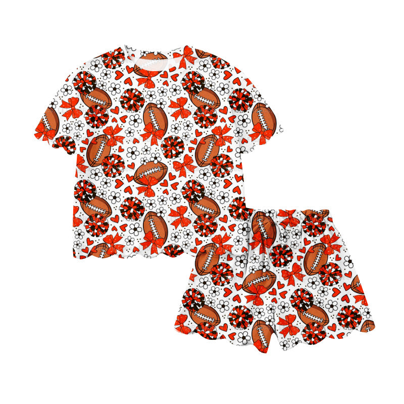 Preorder (moq 5)Baby Girls Orange Bows Footballs Top Scallop Shorts Team Cheer Clothes Sets