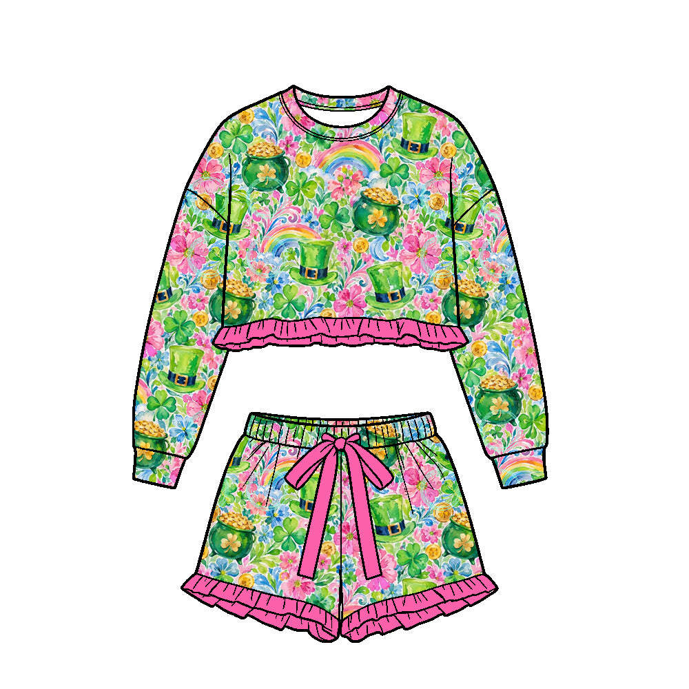 Preorder (moq5) Baby Girl Clothes St Patrick’s Day Watercolor Gold Pot Rainbow Clover Print Long Sleeve Cropped Ruffle Top Pink Ruffle Short Set
