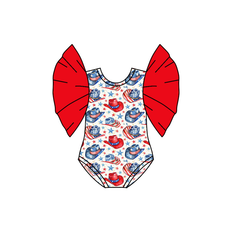 Preorder(moq 5)Baby Infant Girls 4th Of July Western Hats Flutter Sleeve Rompers