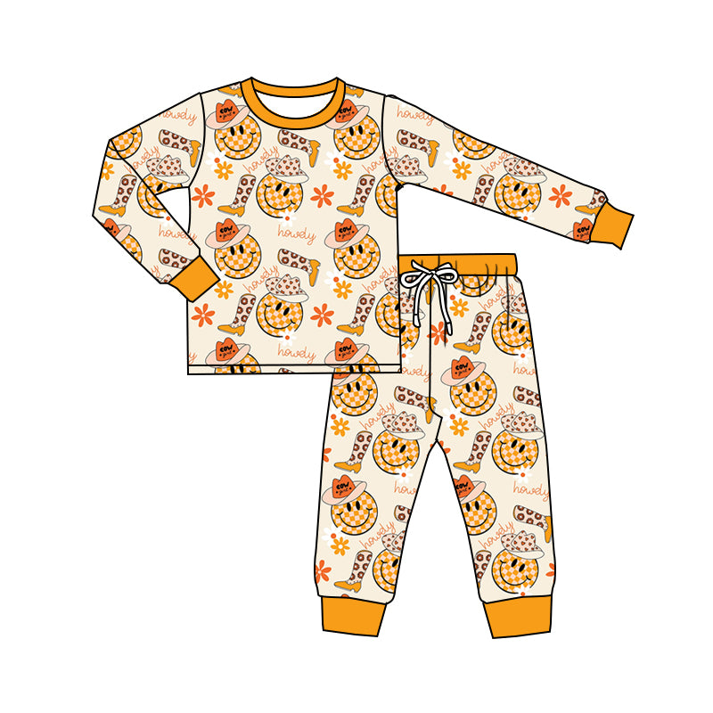 Baby Girls Smile Cowgirl Boots Shirt Top Pants Pajamas Clothes Sets Preorder(moq 5)