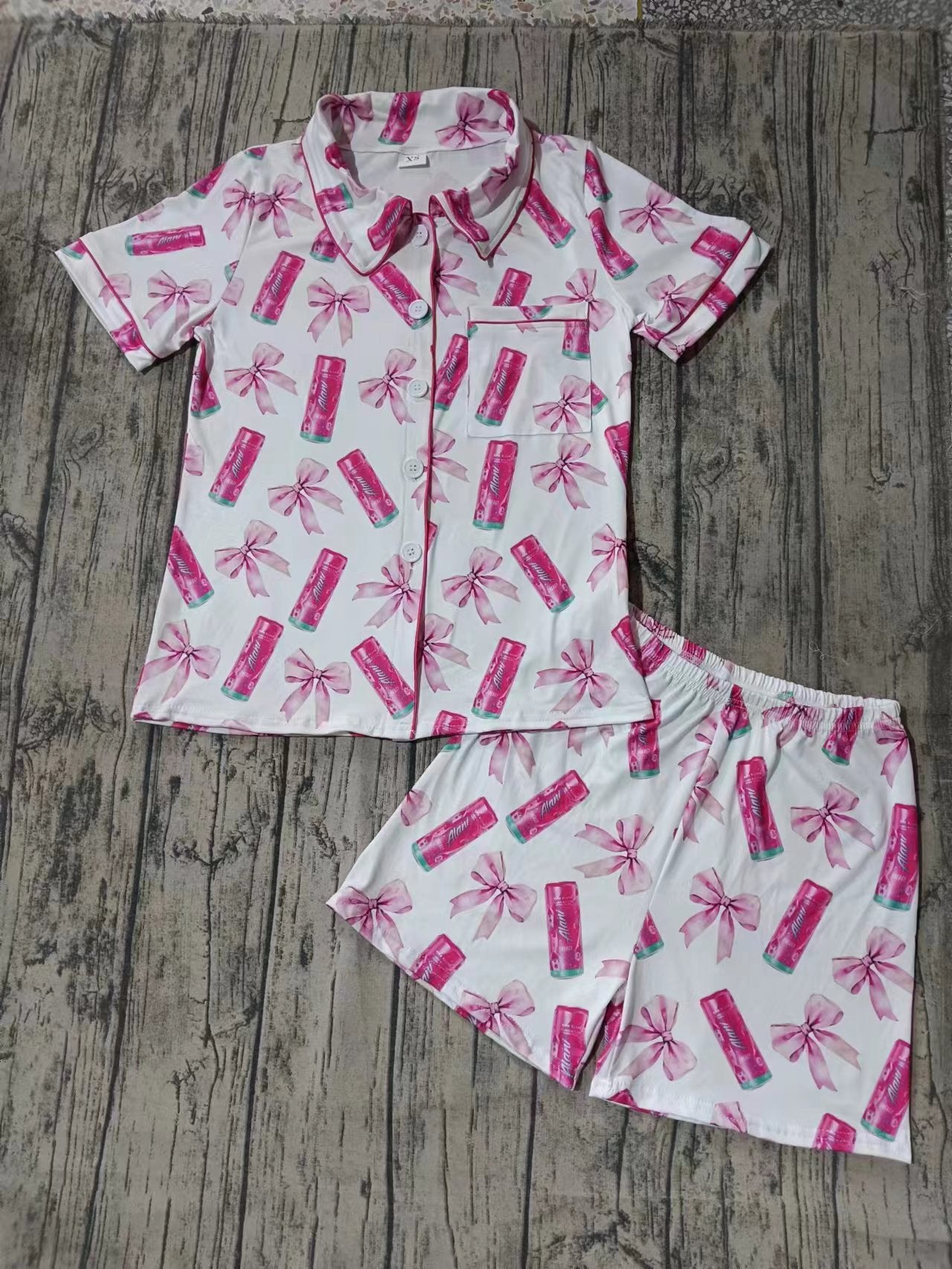 Preorder moq 5 Adult Women Pink Bows Alani Button Pocket Top Short Pajamas Set