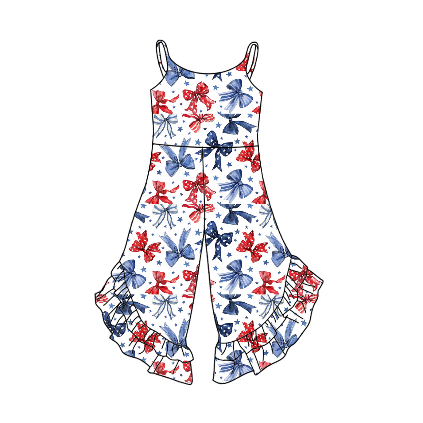 Preorder (moq 5)Baby Girls 4th Of July Bows Bell Pants Straps Jumpsuits