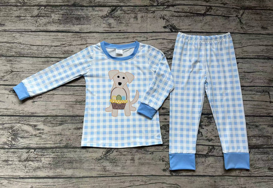 Baby Boys Blue Checkered Dog Easter Eggs Top Pants Pajamas Clothes Sets