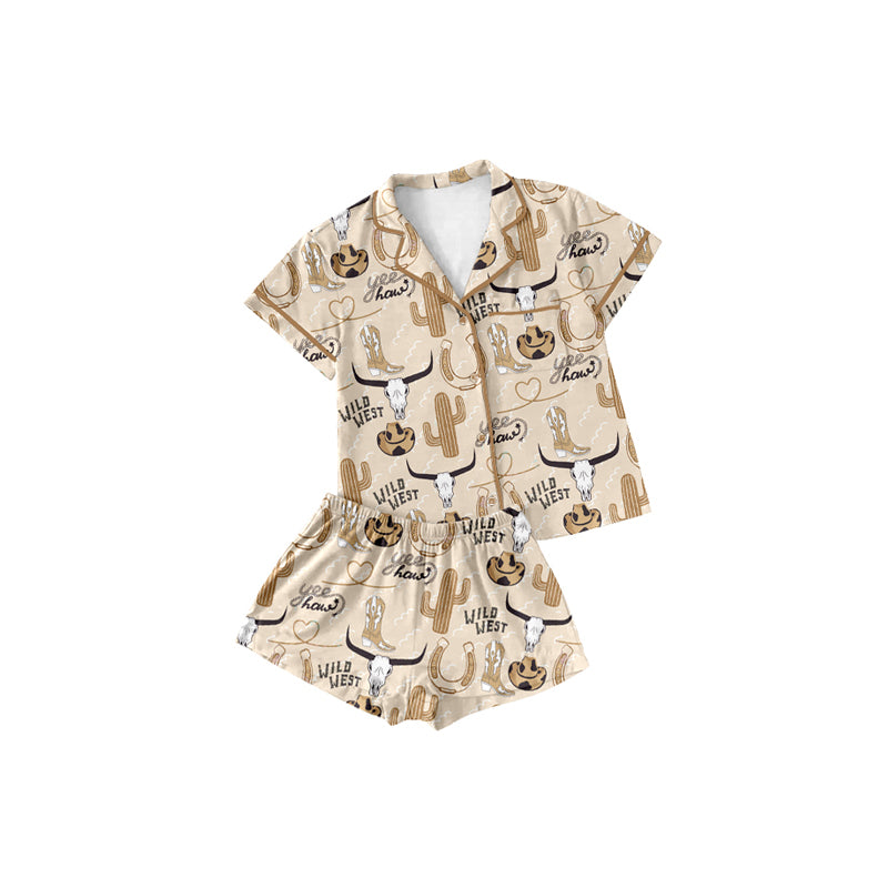 Preorder (moq 5)Baby Girls Western Wild Cow Buttons Shirt Shorts Pajamas Clothes Sets