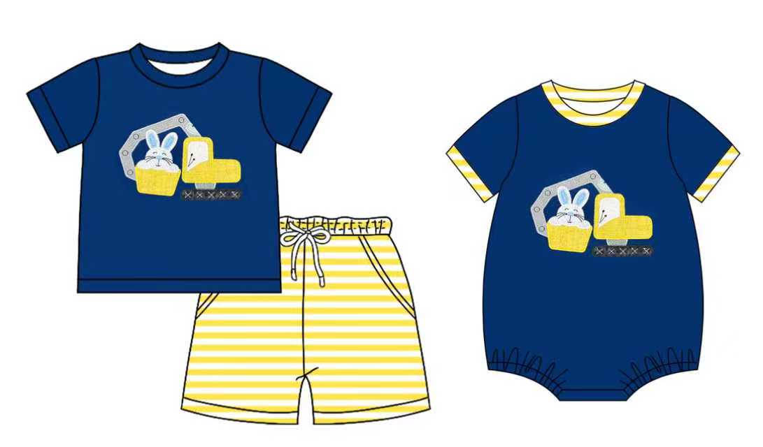 Preorder moq 5 (each item)Baby Boys Rabbit Trucks Top Stripe Pockets Shorts Easter Clothes Set Romper