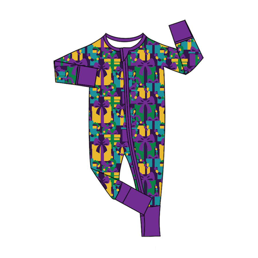 Preorder (moq 5) Baby Girl Mardi Gras Gift Box Bow Print Long Sleeve Zipper Baby Romper