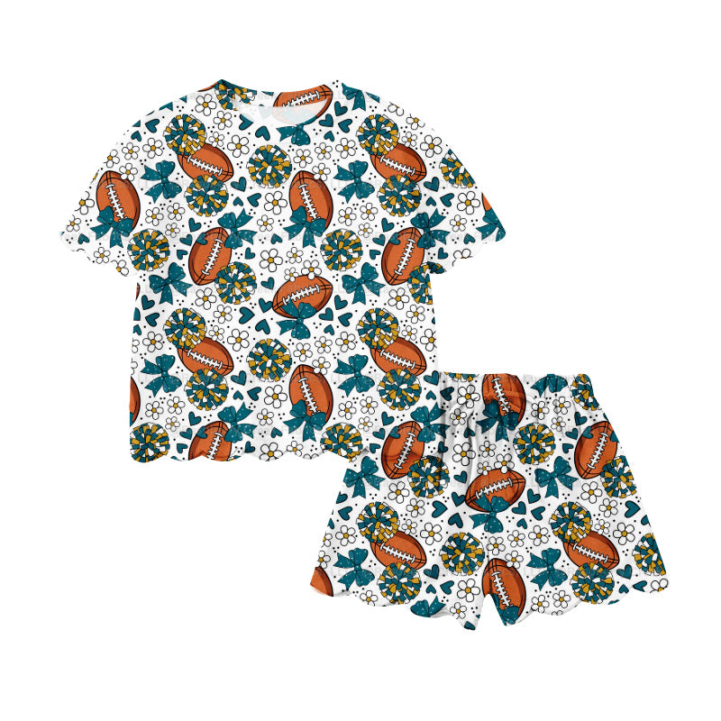 Preorder (moq 5)Baby Girls Green Bows Footballs Top Scallop Shorts Team Cheer Clothes Sets