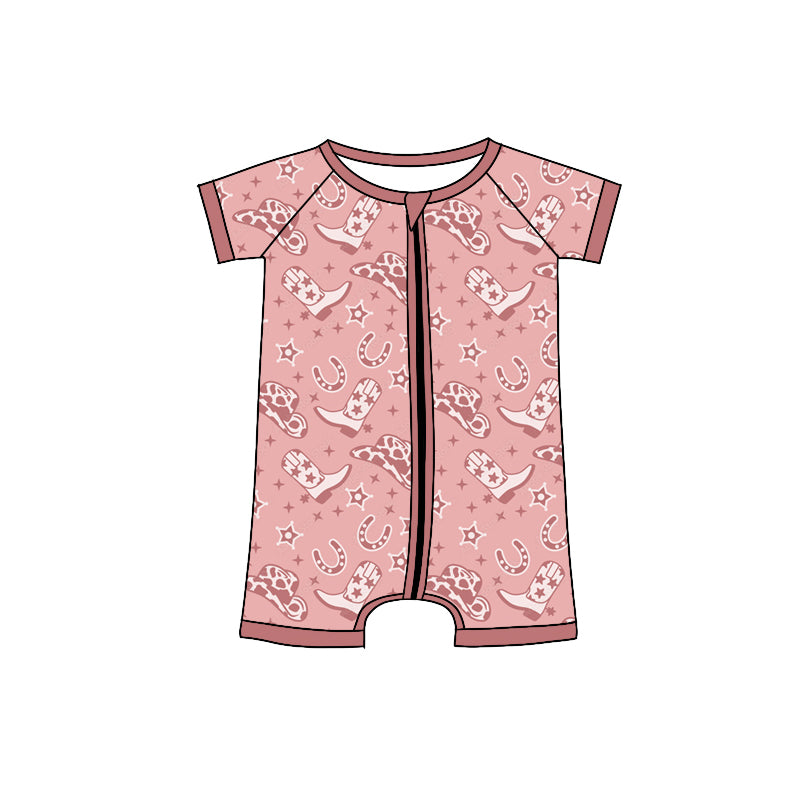 Preorder(moq 5)Baby Infant Boys Pink Short Sleeves Boots Hats Zipper Summer Rompers