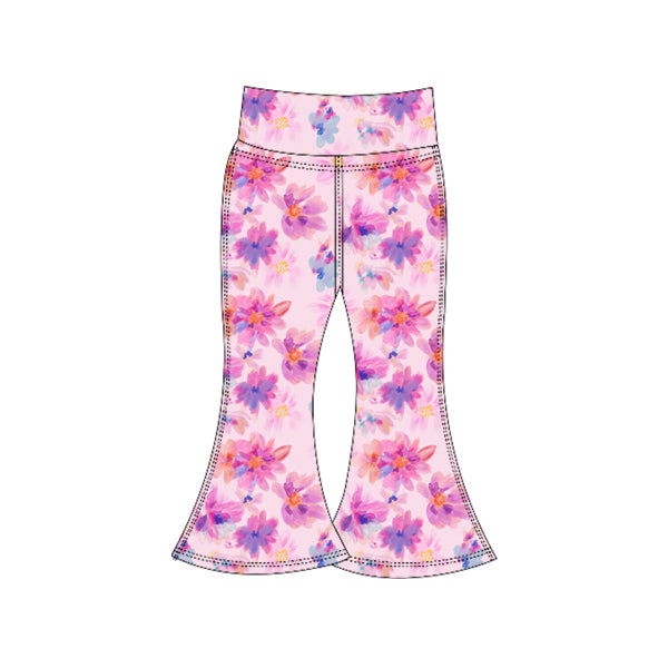 Preorder (moq 5)Baby Girls Pink Watercolor Flowers Bell Bottom Pants