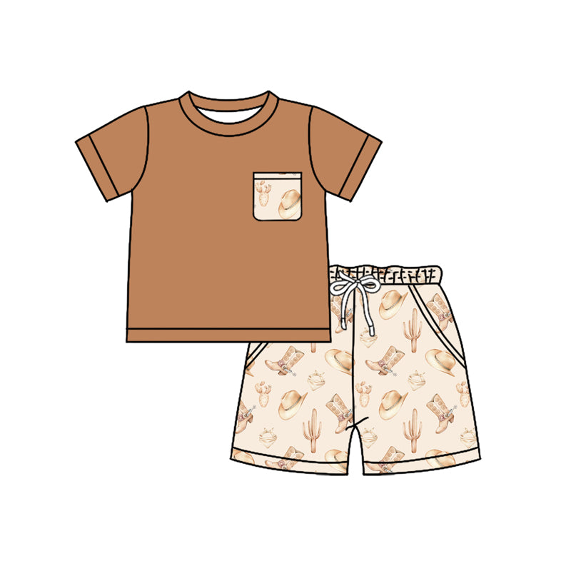 Preorder moq 5 Baby Boys Brown Short Sleeves Pocket Top Hats Boots Short Set