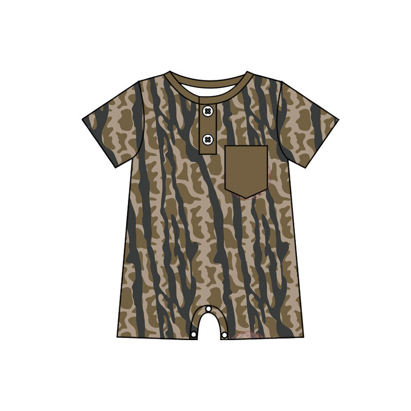 Preorder (moq 5)Baby Boys Southern Leaves Camo Button Pocket Hunting Rompers