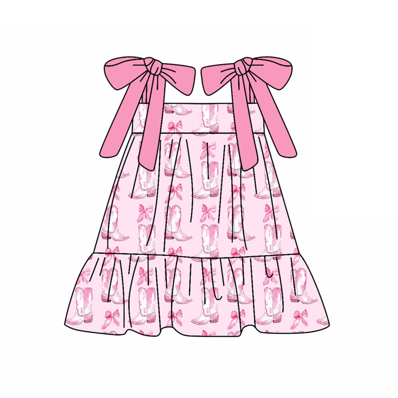Preorder (moq 5)Baby Girls Pink Strap Bow Boots Knee Length Dresses