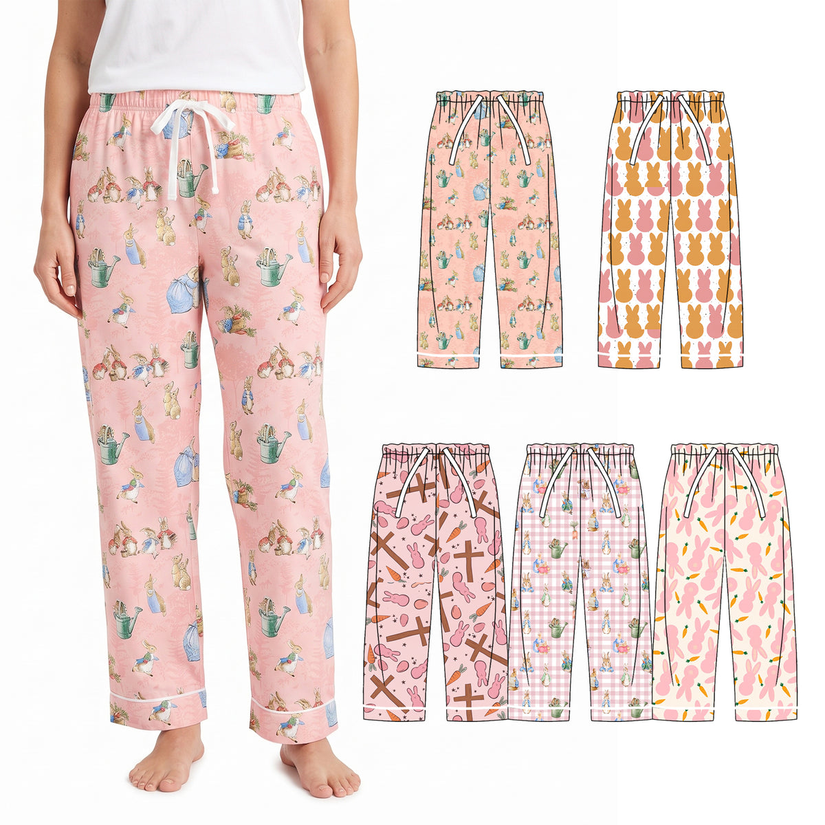 Preorder (moq 5) Women Clothes Cream Pink Bunny Carrot Silhouette Print Long Pants