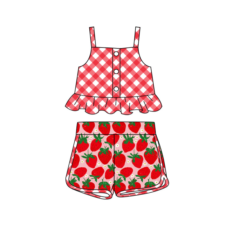 Preorder (moq 5)Baby Girls Checkered Straps Top Strawberry Shorts Clothes Sets