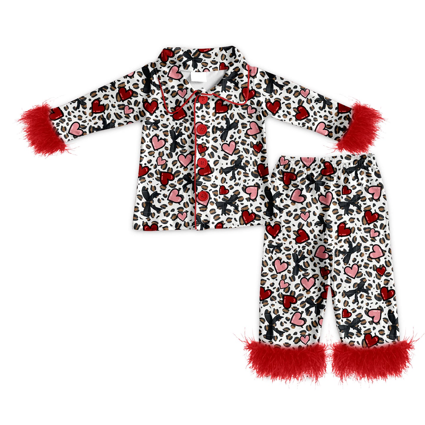 Preorder (moq 5)Baby Girls Leopard Hearts Button Top Pants Valentines Fur Sleeve Pajamas Sets