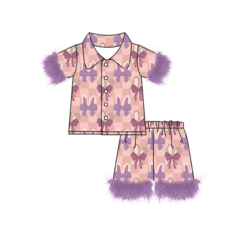 Preorder (moq 5)Baby Girls Pink Checked Rabbits Bows Button Top Shorts Easter Fur Pajamas Sets