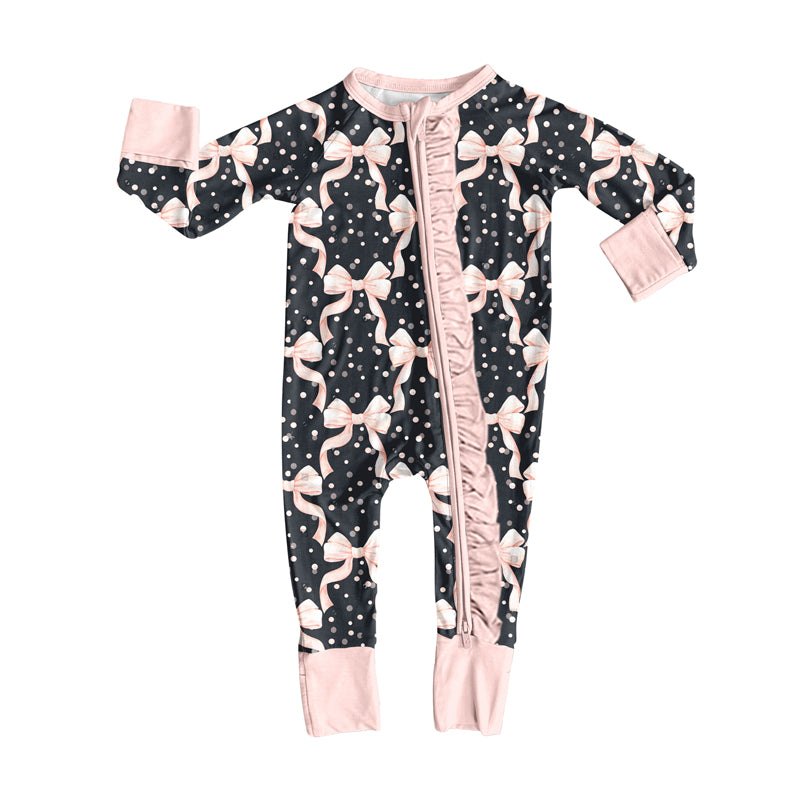 Preorder(moq 5)Baby Infant Girls Black Pink Bows Zipper Footie Rompers
