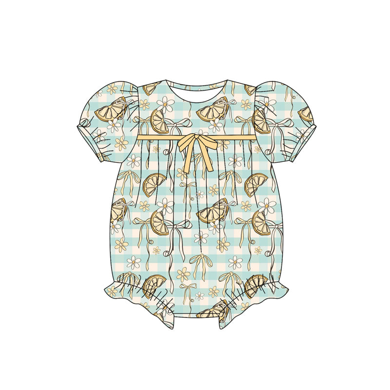 Preorder (moq 5)Baby Girls Blue Stripe Short Ruffle Sleeves Lemons Flowers Rompers