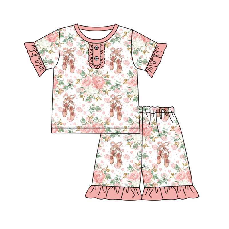 Preorder (moq 5)Baby Girls Ballet Shoes Flowers Bows Tee Top Shorts Pajamas