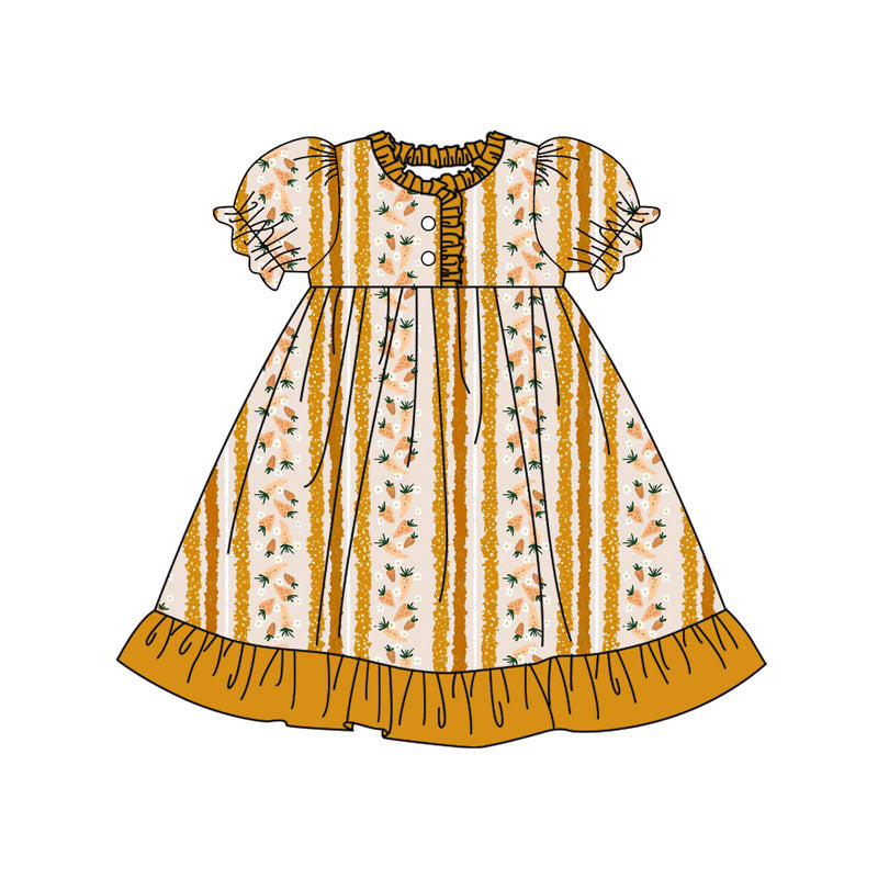 Preorder(moq 8)Baby Girls Yellow Stripe Carrots Easter Button Ruffle Knee Length Dresses