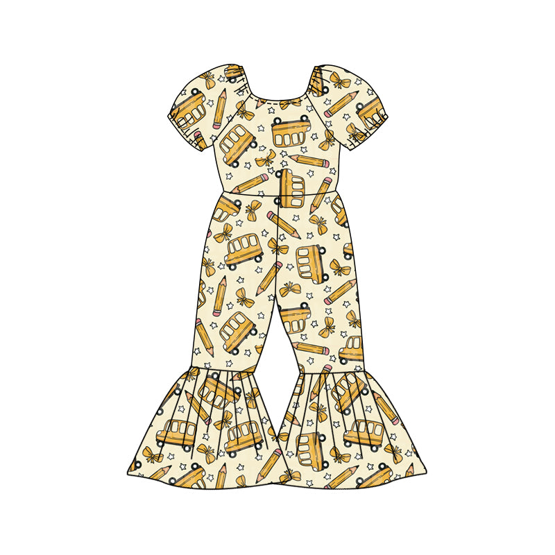Preorder (moq 5)Baby Girls Bus Pencil Bows Back to School Bell Bottom Pant Jumpsuits