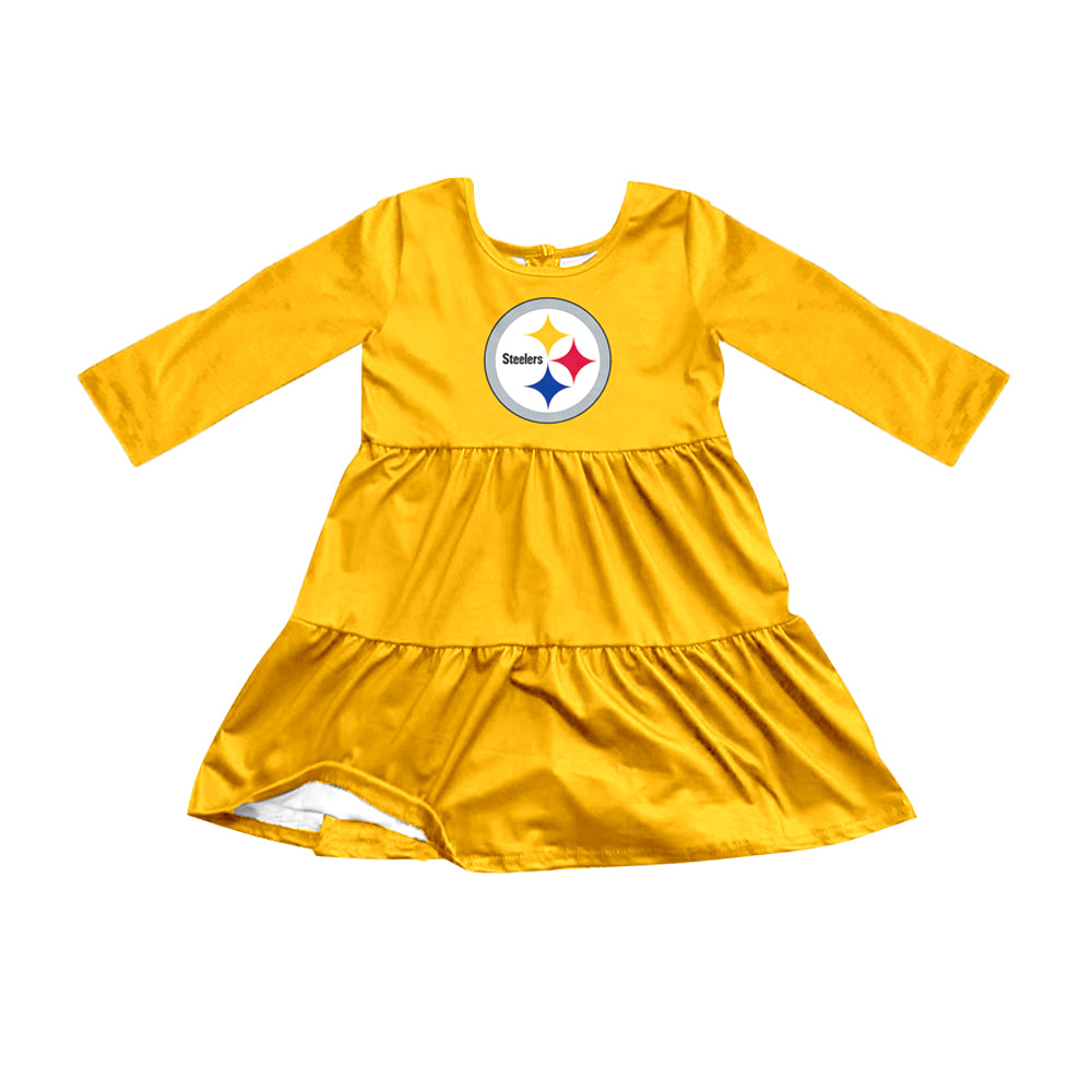Preorder (moq 5)Baby Girls Yellow Long Sleeves Steelers Stars Shorts Team Knee Length Dresses