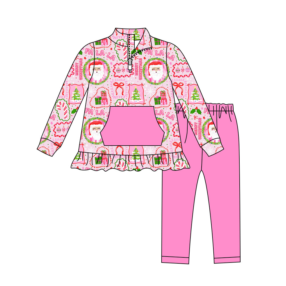 Preorder (moq 5)Baby Girls Long Sleeves Pink Bows Santa Pocket Zipper Top Legging Pants Set