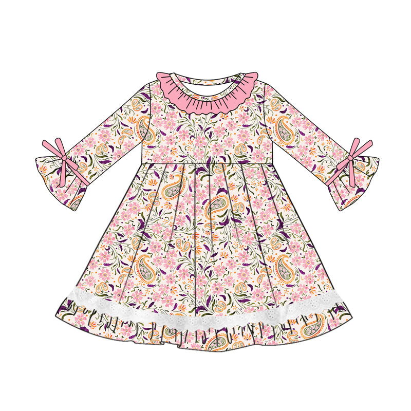 Preorder (moq 5)Baby Girls Long Sleeves Pink Floral Lace Ruffle Knee Length Dresses