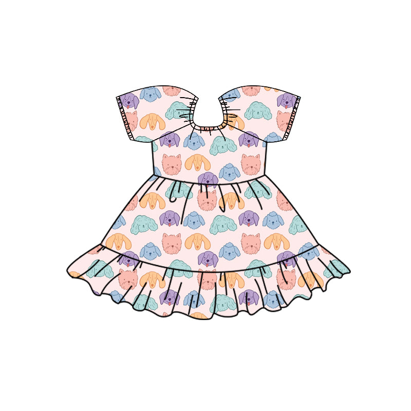 Preorder (moq 5)Baby Girls Colorful Dogs Plaid Ruffle Knee Length Dresses