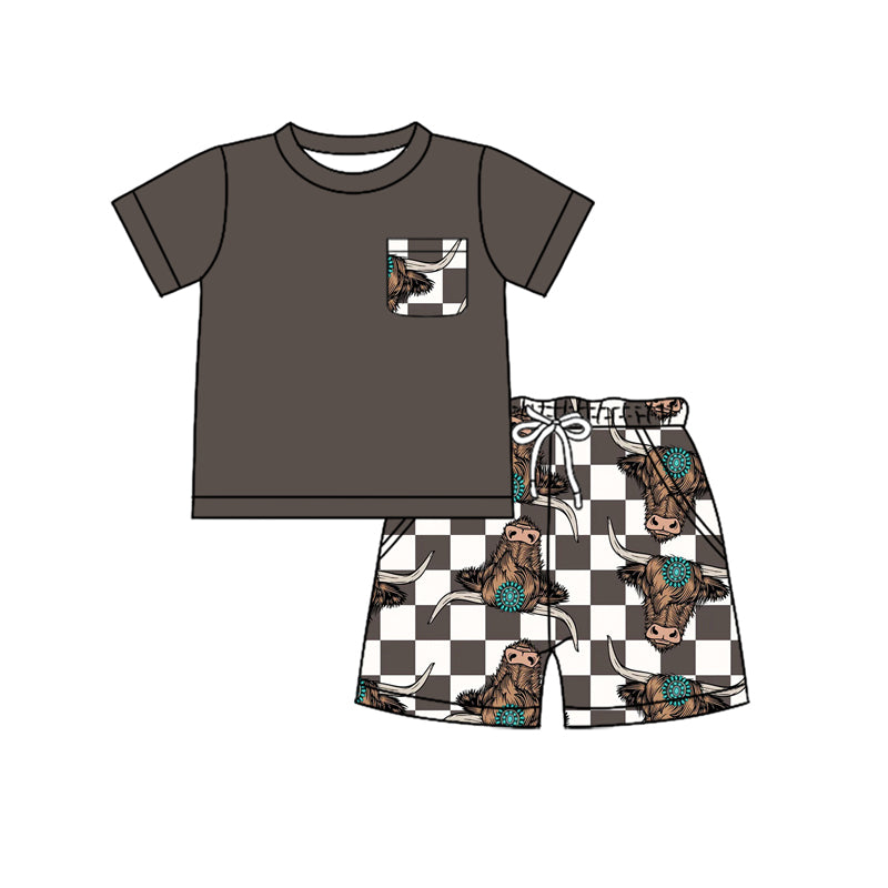 Preorder (moq 5)Baby Boys Grey Pocket Top Highland Cow Shorts Clothes Sets