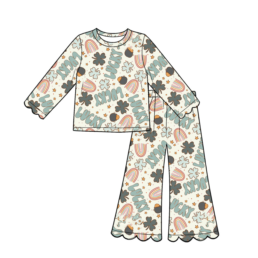 Preorder (moq 5) Baby Girl Retro Lucky Text Clover Print Long‑Sleeve Top Scalloped Flare Pants Set
